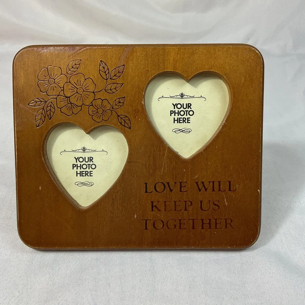 Wooden Double Heart Photo Frame Love Will Keep Us Together Floral VTG
